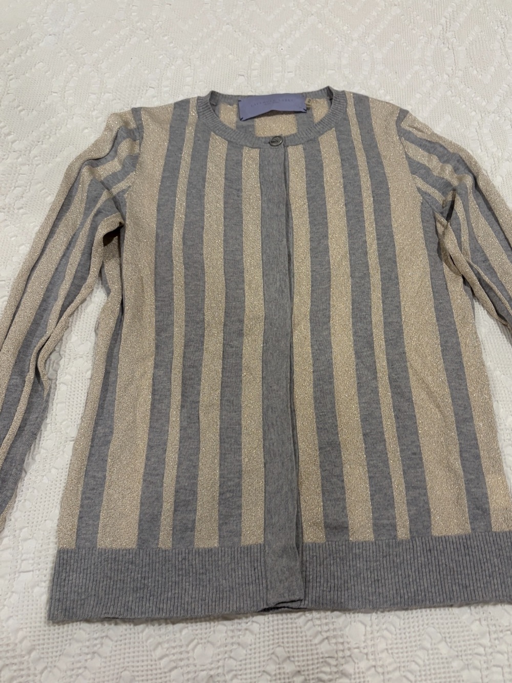Vera Wang Lavender Label Gray and Metallic Gold Striped Cardigan